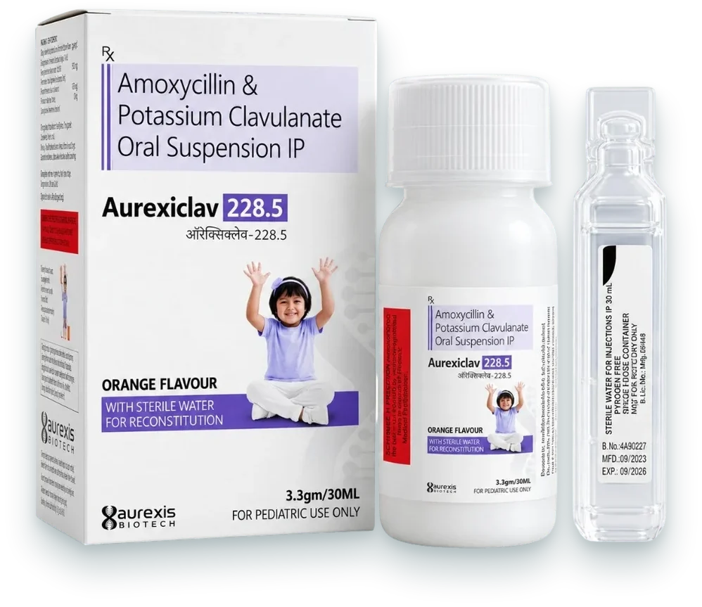 Aurexiclav-228.5 (Amoxycillin + Potassium Clavulanate Oral Suspension IP) dry syrups pack by Aurexis Biotech