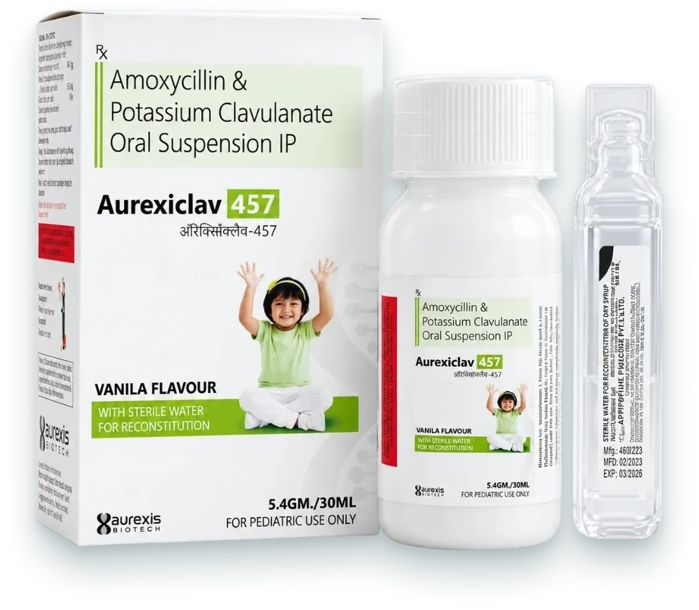Aurexiclav-457 (Amoxycillin + Potassium Clavulanate Oral Suspension IP) dry syrups pack by Aurexis Biotech