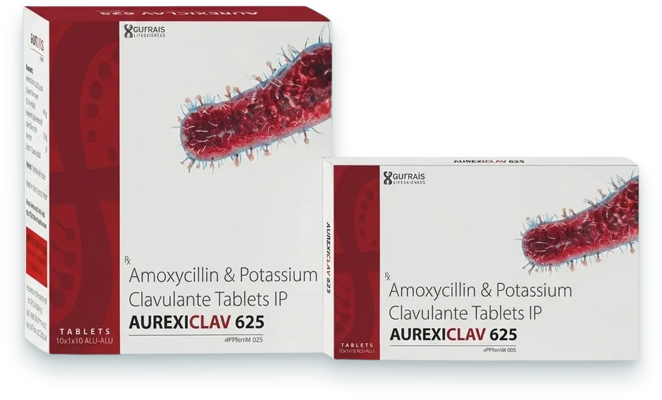 Aurexiclav-625 (Amoxycillin 500mg + Potassium Clavulanate 125mg Tablet) tablets pack by Aurexis Biotech