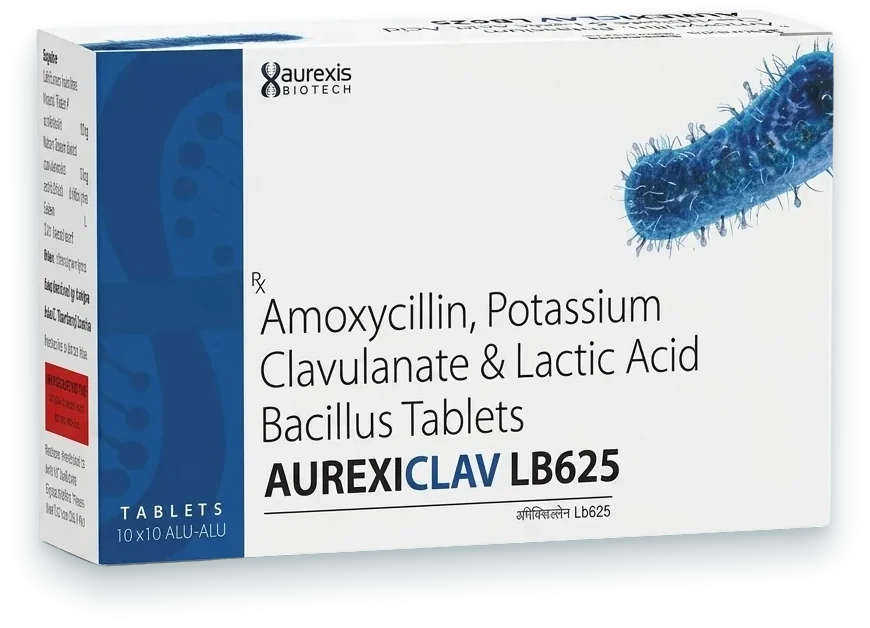 Aurexiclav-LB625 (Amoxycillin 500mg + Potassium Clavulanate 125mg + Lactic Acid…) tablets pack by Aurexis Biotech