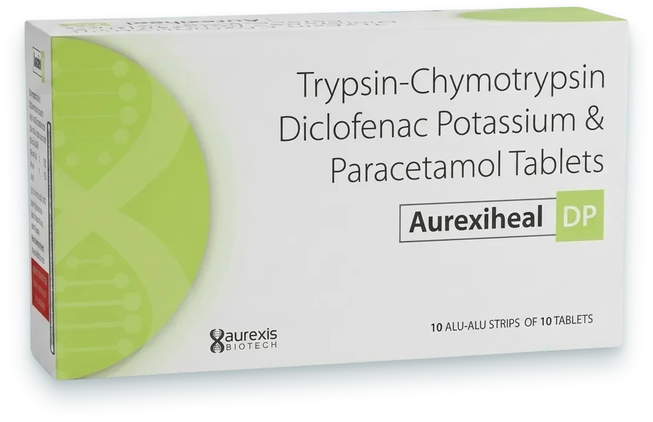 Aurexiheal-DP (Trypsin-Chymotrypsin 50,000 AU + Aceclofenac 100mg + Paracetamol…) tablets pack by Aurexis Biotech