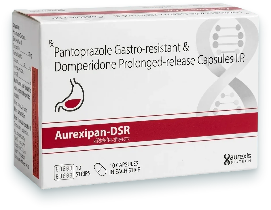 Aurexipan-DSR (Pantoprazole 40mg + Domperidone 30mg SR Capsule) capsules pack by Aurexis Biotech