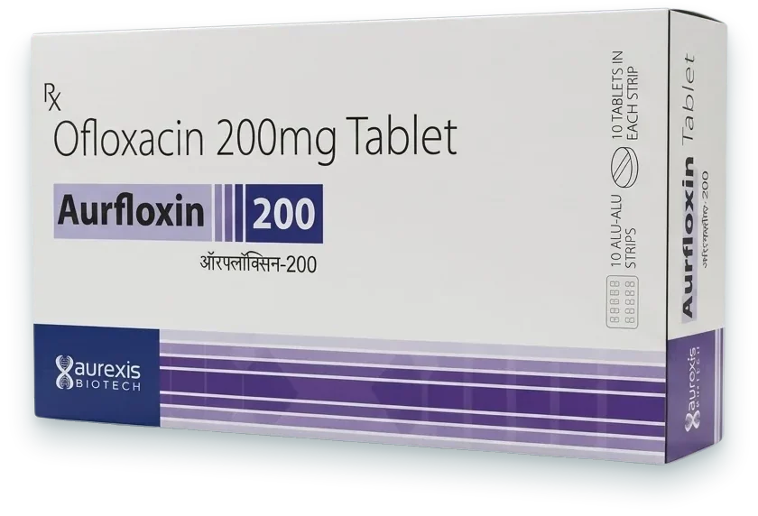 Aurfloxin-200 (Ofloxacin 200mg Tablet) tablets pack by Aurexis Biotech