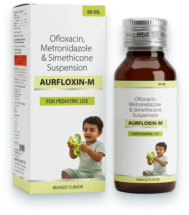 Aurfloxin-M (Ofloxacin 50mg + Metronidazole 120mg + Simethicone 10mg Suspension) syrups & suspensions pack by Aurexis Biotech