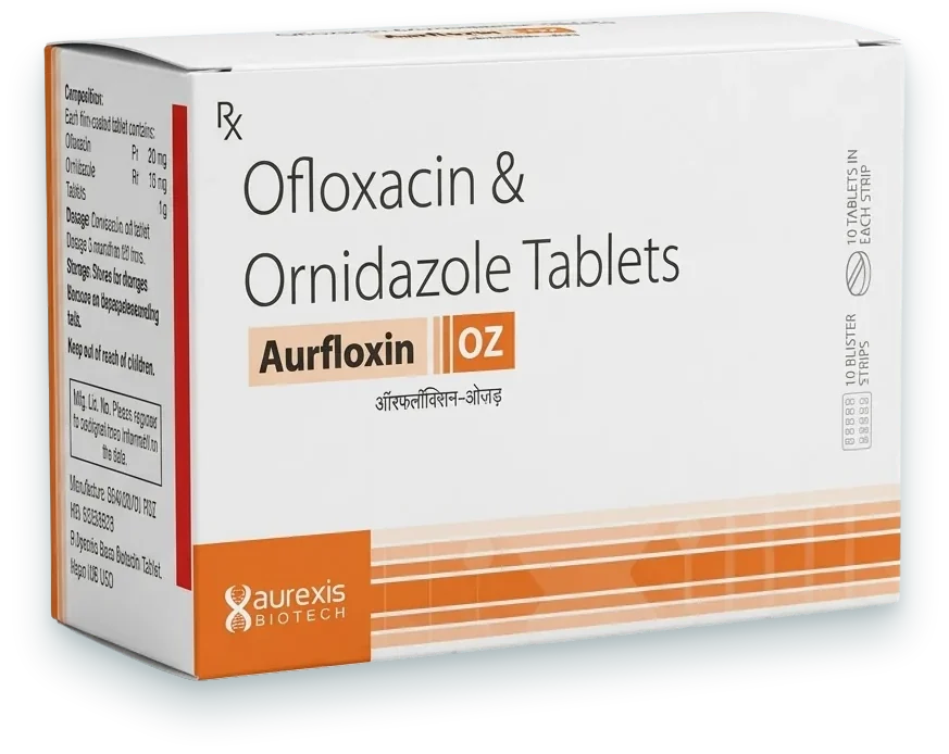 Aurfloxin-OZ (Ofloxacin 200mg + Ornidazole 500mg Tablet) tablets pack by Aurexis Biotech