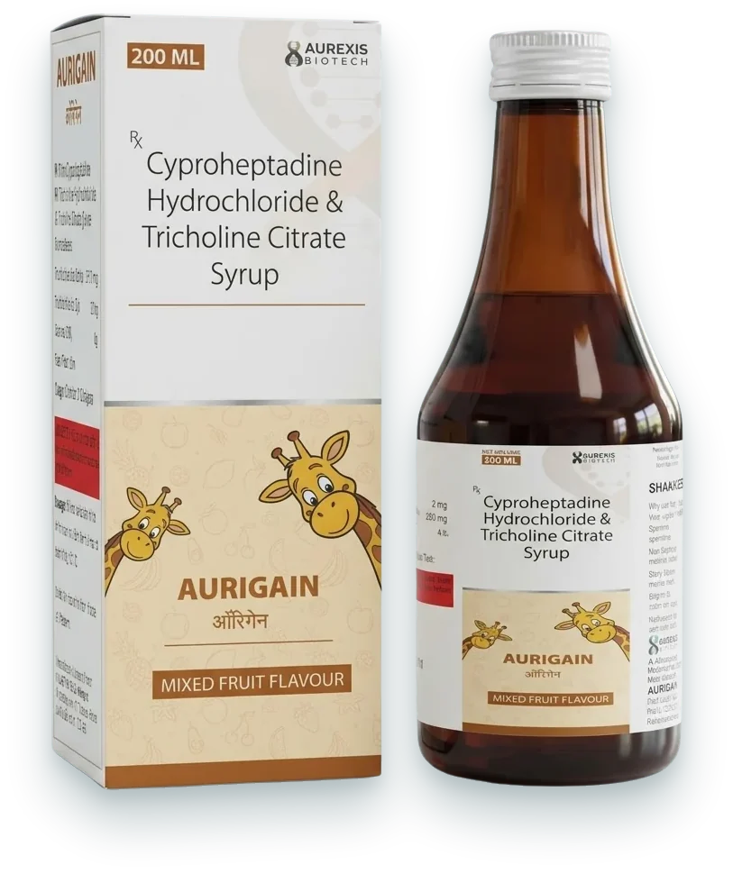 Aurigain (Cyproheptadine 2mg + Tricholine 275mg + Sorbitol Syrup (Sugar Free)) syrups & suspensions pack by Aurexis Biotech