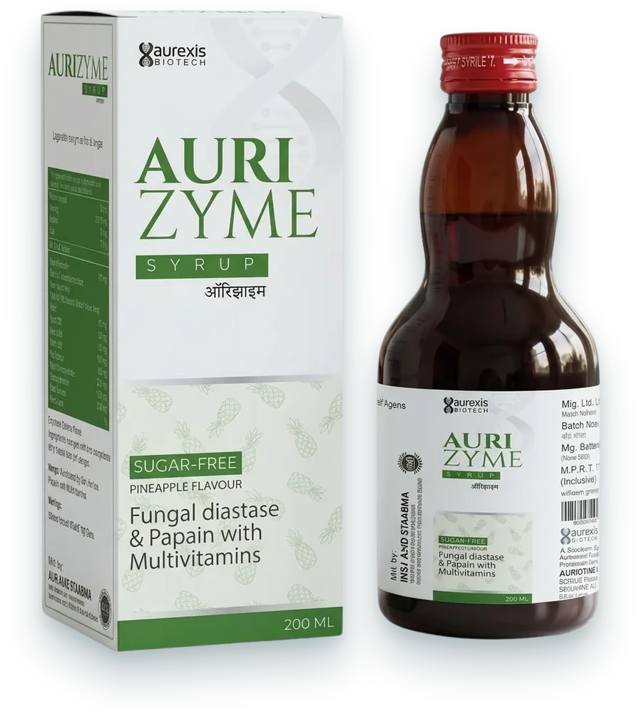 Aurizyme (Fungal Diastase + Papain + Multivitamins Syrup) syrups & suspensions pack by Aurexis Biotech