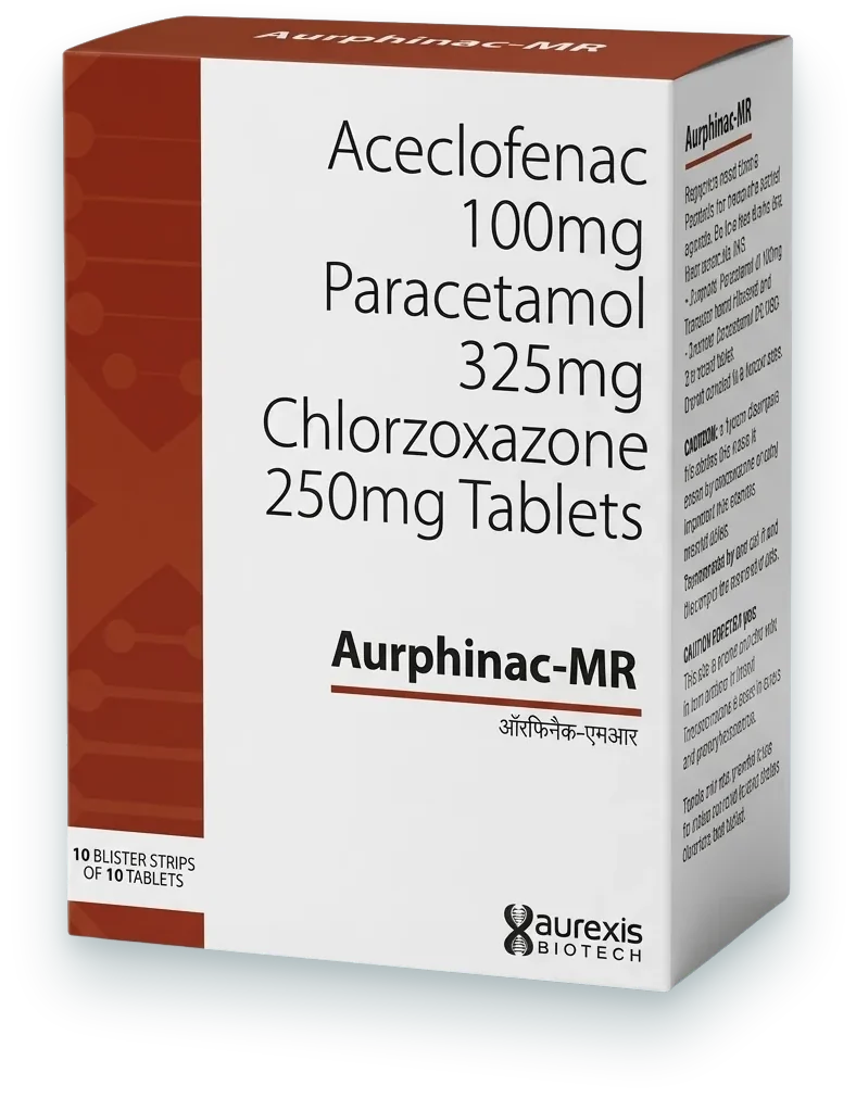 Aurphinac-MR (Aceclofenac 100mg + Paracetamol 325mg + Chlorzoxazone 250mg Tablet) tablets pack by Aurexis Biotech
