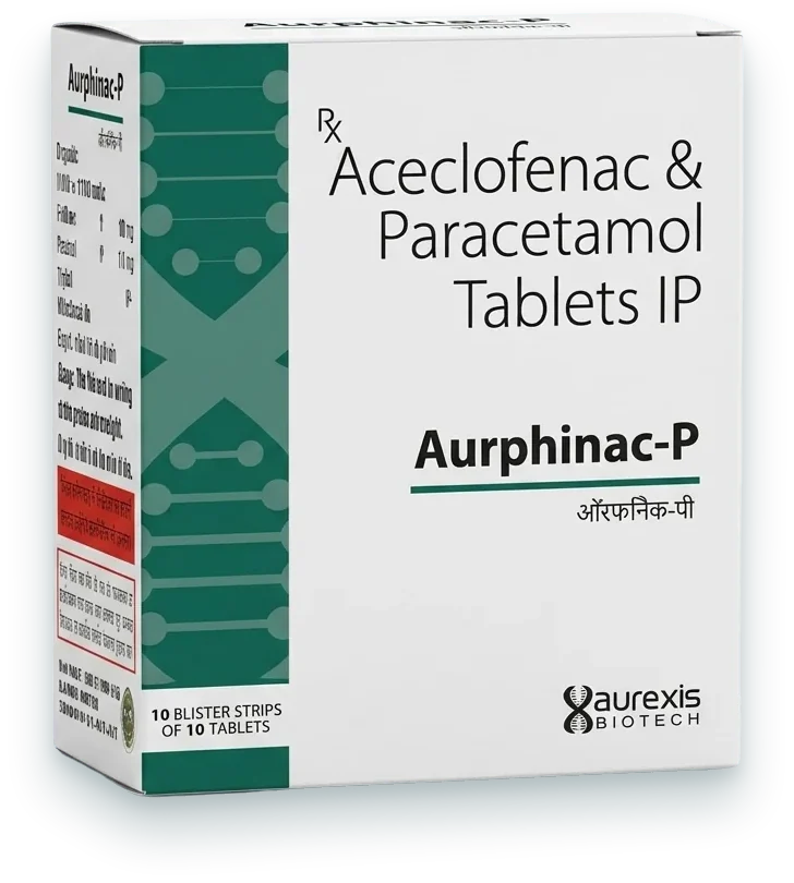 Aurphinac-P (Aceclofenac 100mg + Paracetamol 325mg Tablet) tablets pack by Aurexis Biotech