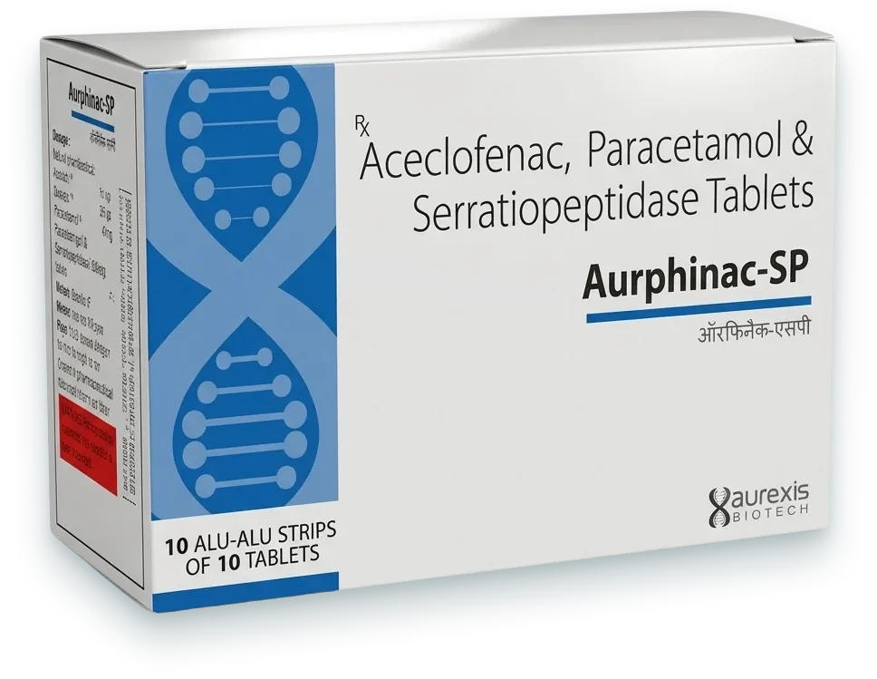Aurphinac-SP (Aceclofenac 100mg + Paracetamol 325mg + Serratiopeptidase 15mg Tablet) tablets pack by Aurexis Biotech