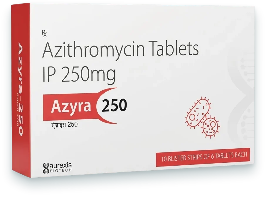 Azyra-250 (Azithromycin 250mg Tablet) tablets pack by Aurexis Biotech