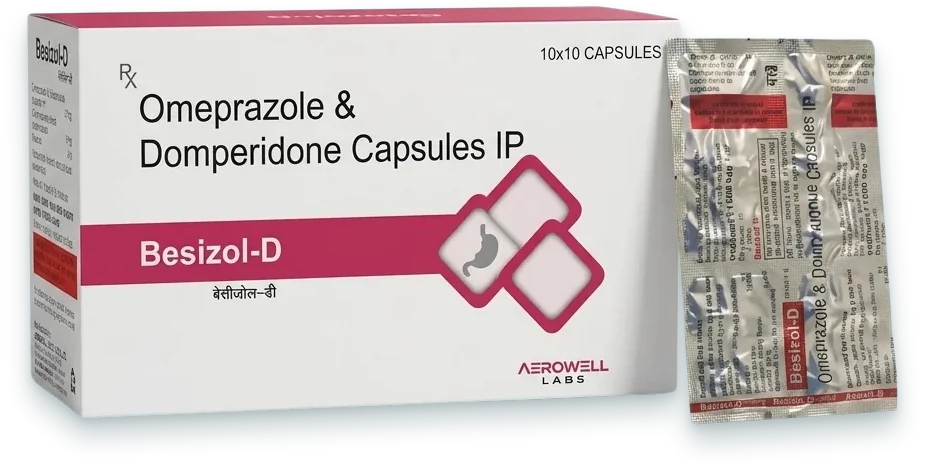 Besizole-D (Omeprazole 20mg + Domperidone 10mg Capsule) capsules pack by Acrowell Labs