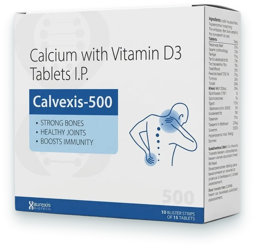Calvexis-500 (Calcium Carbonate 500mg + Vitamin D3 250IU Tablet) tablets pack by Aurexis Biotech