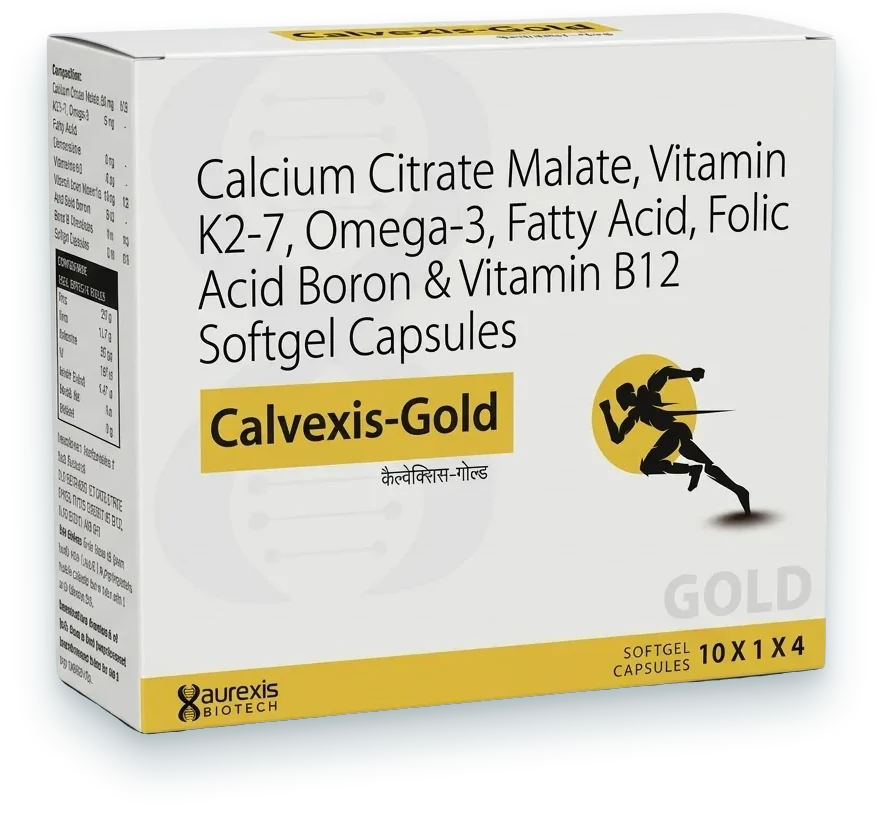Calvexis-Gold (Calcium Citrate Malate 500mg + Vitamin K2-7 10mcg + Omega-3 Fatty…) softgels pack by Aurexis Biotech