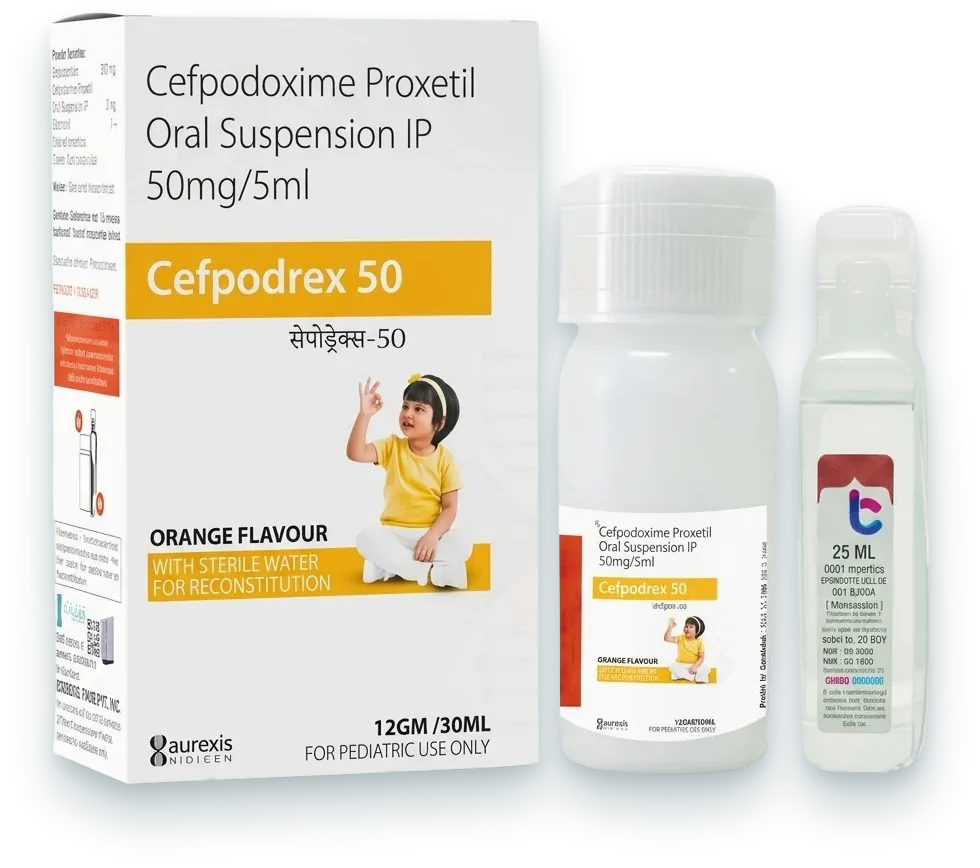 Cefpodrex-50 (Cefpodoxime Proxetil Oral Suspension IP 50mg/5ml) dry syrups pack by Aurexis Biotech