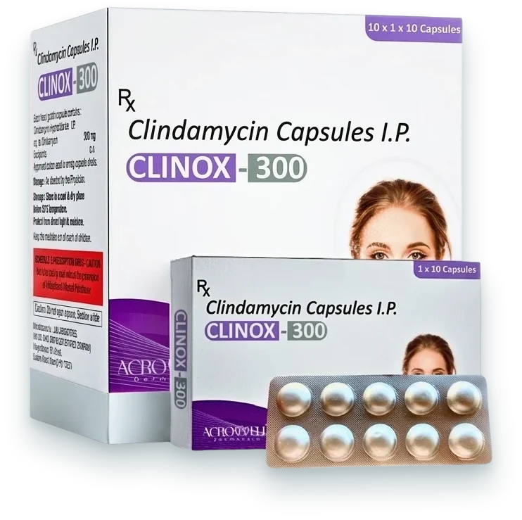 Clinox-300 (Clindamycin Capsules IP 300mg) capsules pack by Acrowell Labs