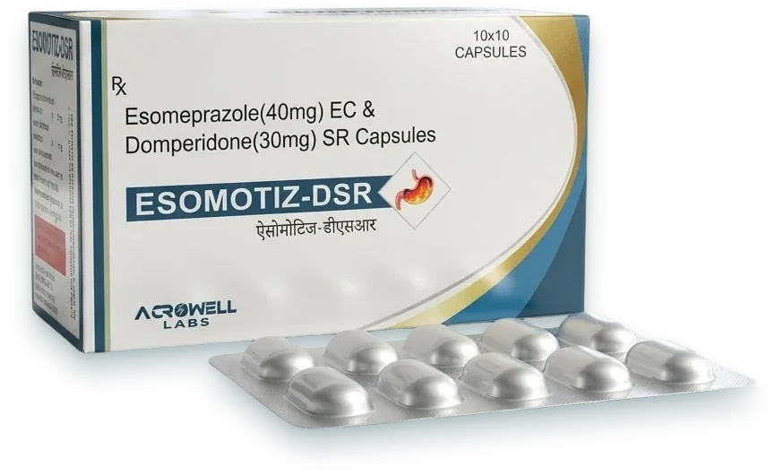 Esomotiz-DSR (Esomeprazole 40mg EC + Domperidone 30mg SR Capsules) capsules pack by Acrowell Labs