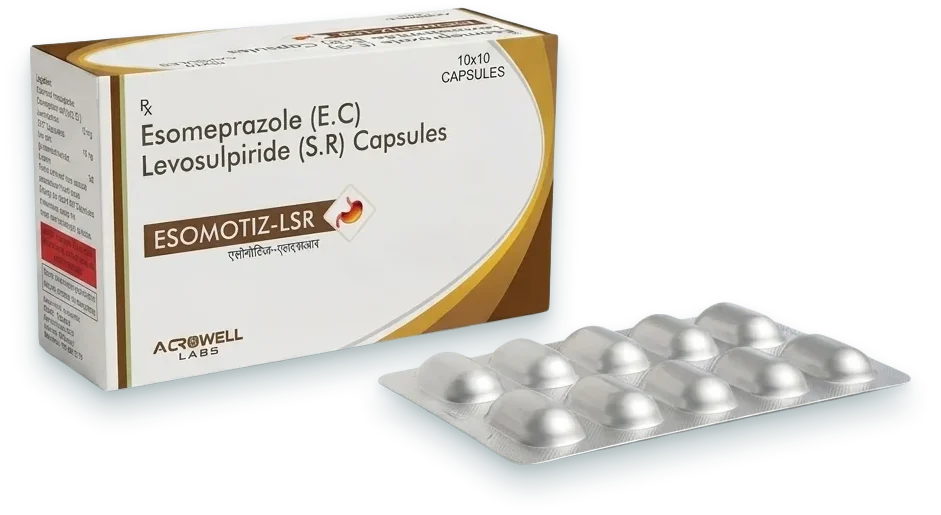 Esomotiz-LSR (Esomeprazole 40mg + Levosulpiride 75mg SR Capsule) capsules pack by Acrowell Labs