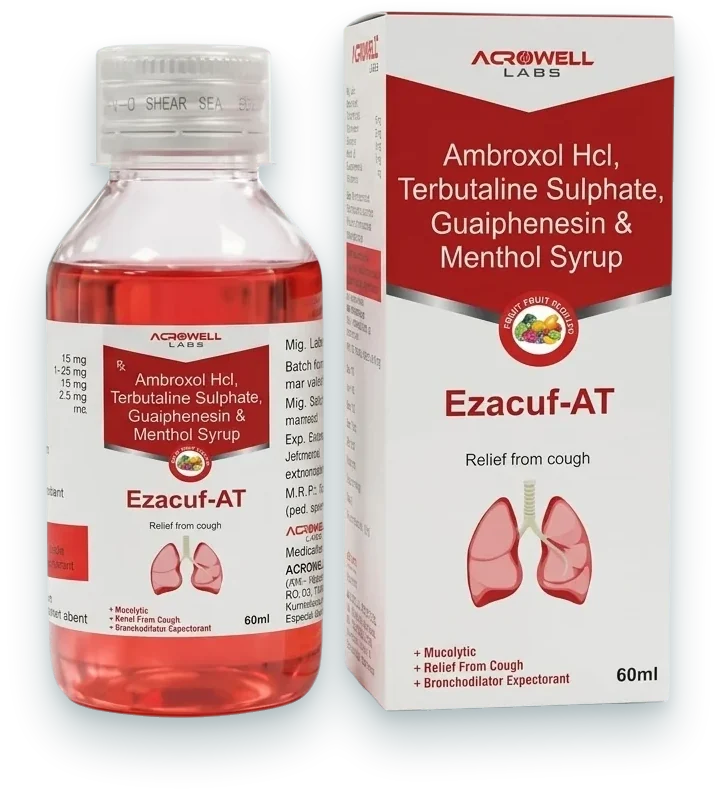 Ezacuf-AT (Ambroxol 15mg + Terbutaline 1.25mg + Guaiphenesin 50mg + Menthol…) syrups & suspensions pack by Acrowell Labs