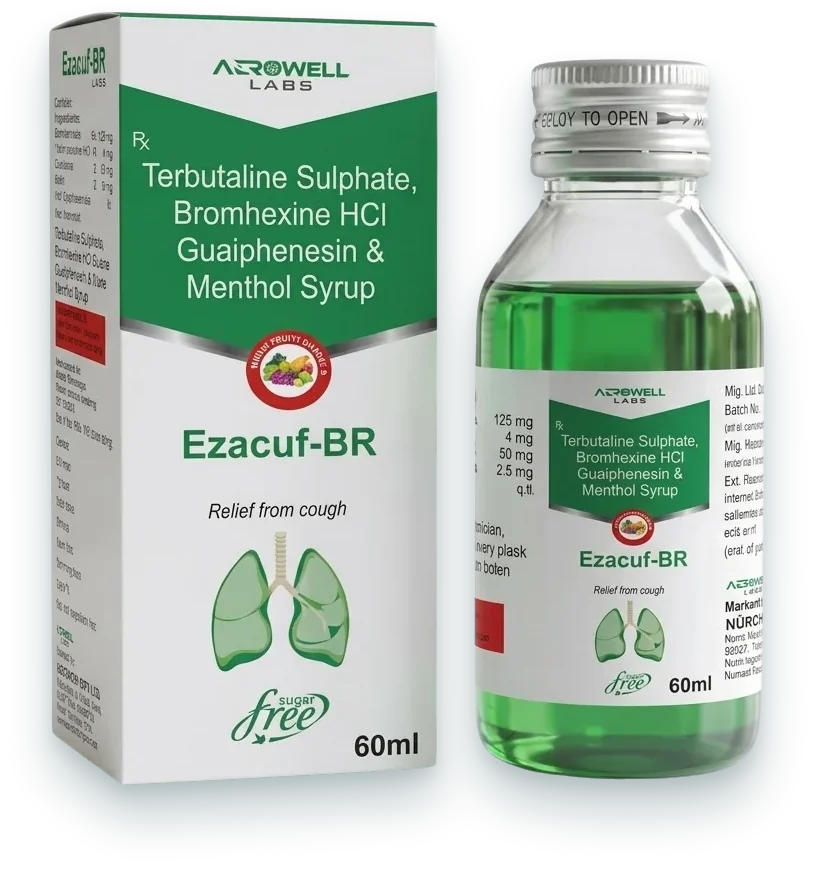 Ezacuf-BR (Terbutaline 1.25mg + Bromhexine 4mg + Guaiphenesin 50mg + Menthol…) syrups & suspensions pack by Acrowell Labs