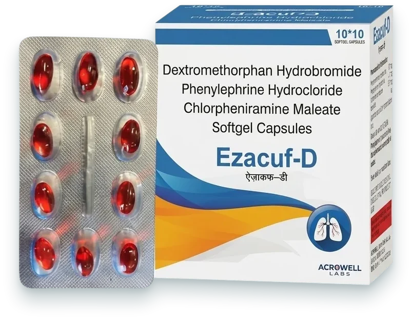Ezacuf-D (Dextromethorphan HBr + Phenylephrine HCl + Chlorpheniramine…) softgels pack by Acrowell Labs