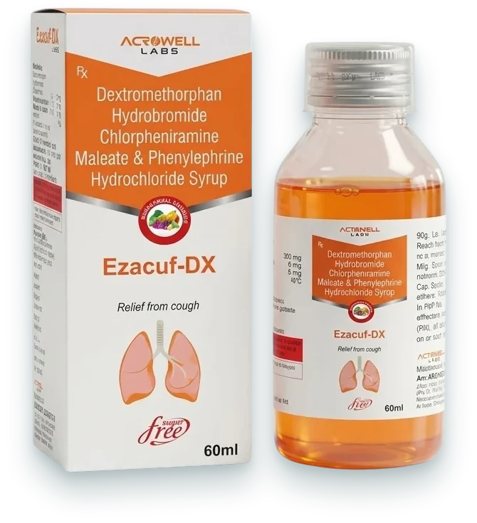 Ezacuf-DX (Dextromethorphan 10mg + Phenylephrine 5mg + Chlorpheniramine…) syrups & suspensions pack by Acrowell Labs