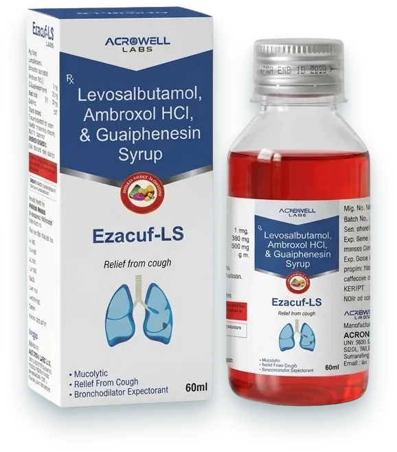 Ezacuf-LS (Levosalbutamol 1mg + Ambroxol 30mg + Guaiphenesin 50mg Syrup) syrups & suspensions pack by Acrowell Labs