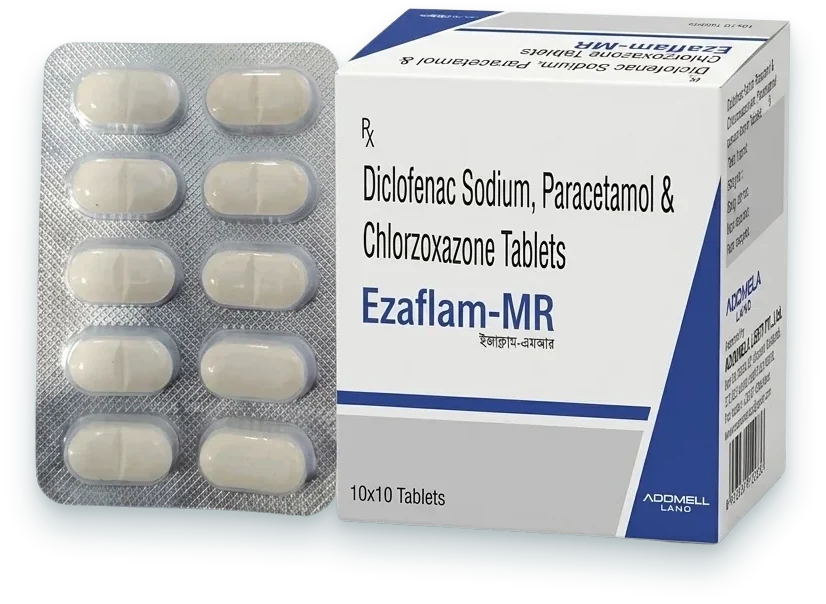 Ezaflam-MR (Diclofenac Potassium 50mg + Paracetamol 325mg + Chlorzoxazone…) tablets pack by Acrowell Labs