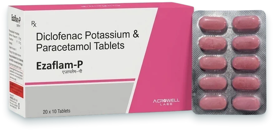 Ezaflam-P (Diclofenac Potassium 50mg + Paracetamol 325mg Tablet) tablets pack by Acrowell Labs