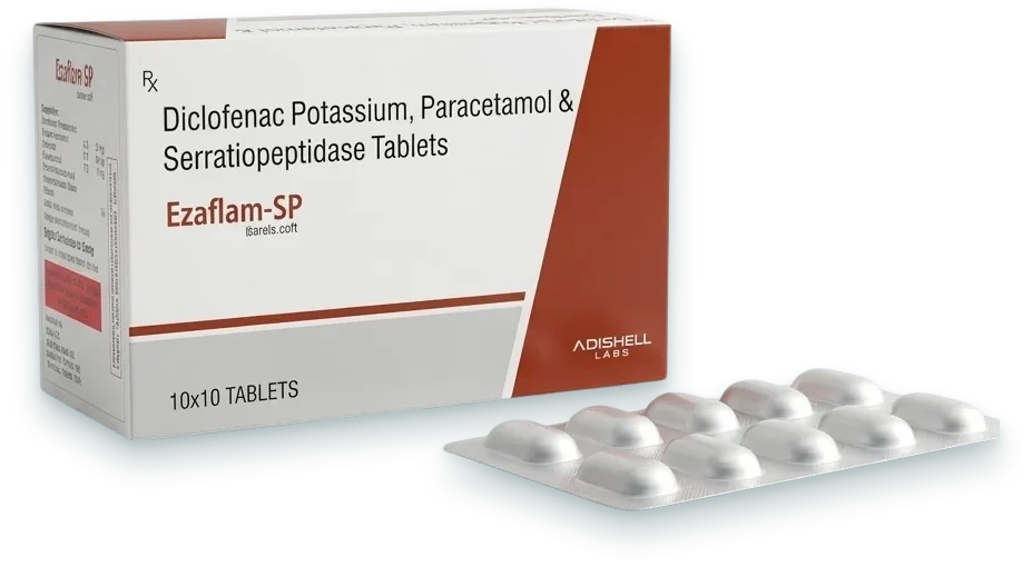 Ezaflam-SP (Diclofenac Potassium 50mg + Paracetamol 325mg + Serratiopeptidase…) tablets pack by Acrowell Labs