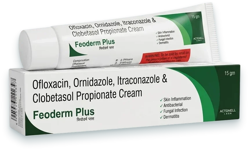 Feoderm-Plus (Ofloxacin + Ornidazole + Terbinafine + Clobetasol Cream) creams, gels & ointments pack by Acrowell Dermacare