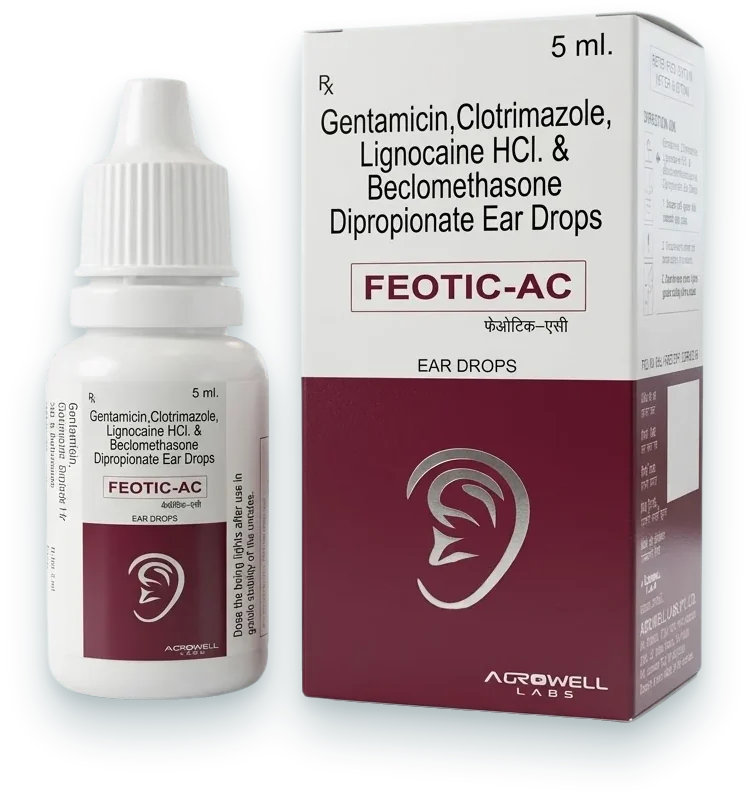 Feotic-AC (Gentamicin + Beclomethasone + Clotrimazole + Lignocaine Ear Drops) eye & ear drops pack by Acrowell Labs