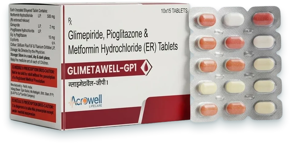 Glimetawell-GP1 (Metformin 500mg + Pioglitazone 15mg + Glimepiride 1mg Bilayered Tablet) tablets pack by Acrowell Lifecare