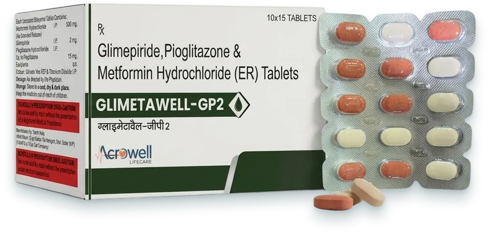 Glimetawell-GP2 (Metformin 500mg + Pioglitazone 15mg + Glimepiride 2mg Bilayered Tablet) tablets pack by Acrowell Lifecare
