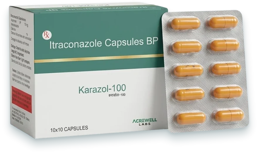 Karazol-100 (Itraconazole 100mg Capsules) capsules pack by Acrowell Labs