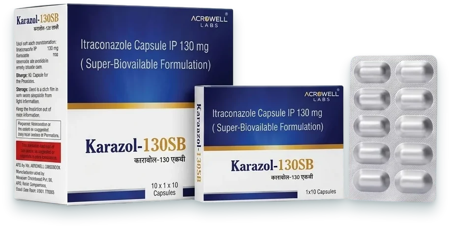 Karazol-130SB (Itraconazole 130mg Capsule) capsules pack by Acrowell Labs