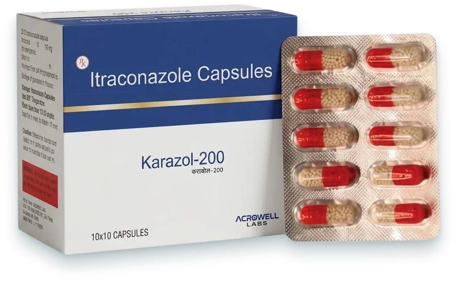 Karazol-200 (Itraconazole 200mg Capsules) capsules pack by Acrowell Labs