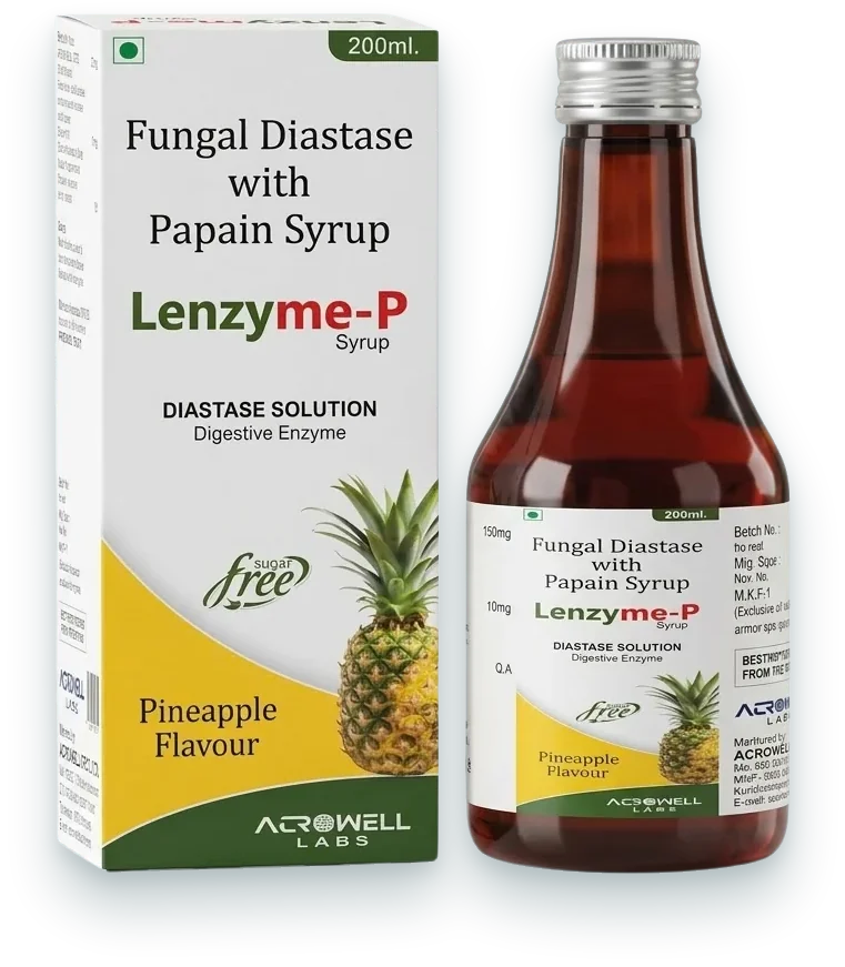 Lenzyme-P (Fungal Diastase + Papain Syrup) syrups & suspensions pack by Acrowell Labs