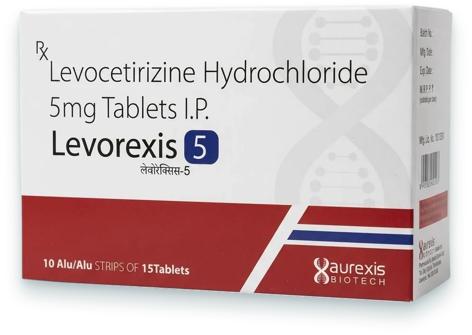 Levorexis-5 (Levocetirizine 5mg Tablet) tablets pack by Aurexis Biotech