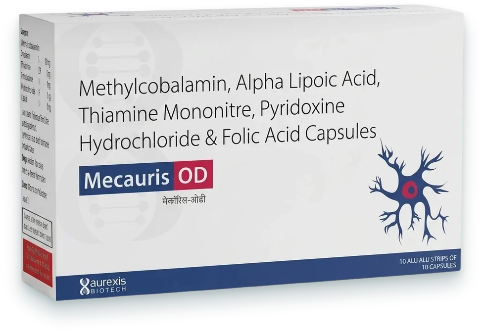 Mecauris-OD (Methylcobalamin 1500mcg + Alpha Lipoic Acid 100mg + Pyridoxine HCl…) capsules pack by Aurexis Biotech