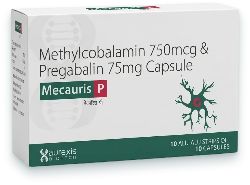 Mecauris-P (Methylcobalamin 750mcg + Pregabalin 75mg Capsule) capsules pack by Aurexis Biotech