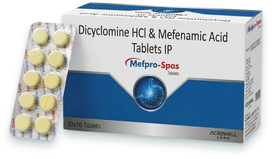 Mefpro-SPAS (Dicyclomine 10mg + Mefenamic Acid 250mg Tablets) tablets pack by Acrowell Labs