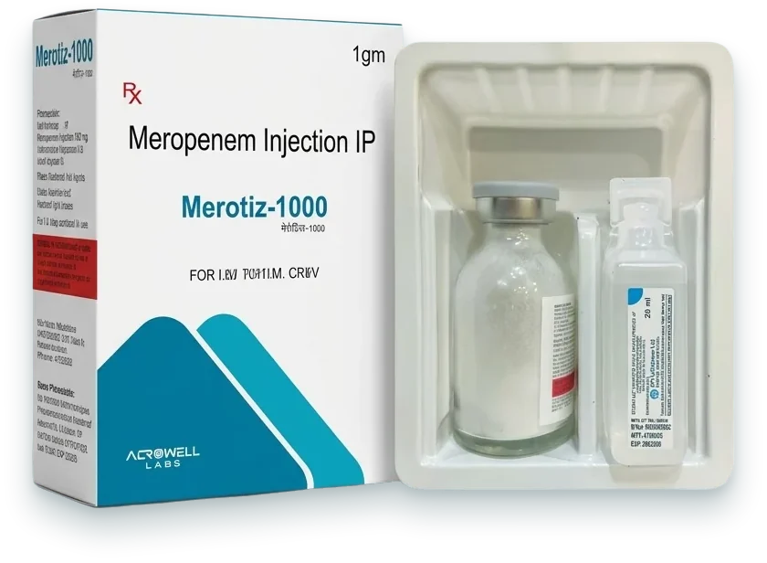 Merotiz-1000 (Meropenem 1000mg Injection) injections pack by Acrowell Labs