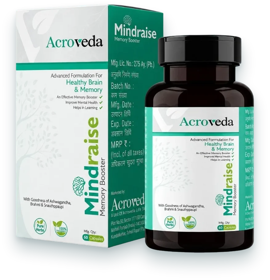 Mindraise Capsules (Ayurvedic Memory Support Capsules) capsules pack by Acroveda