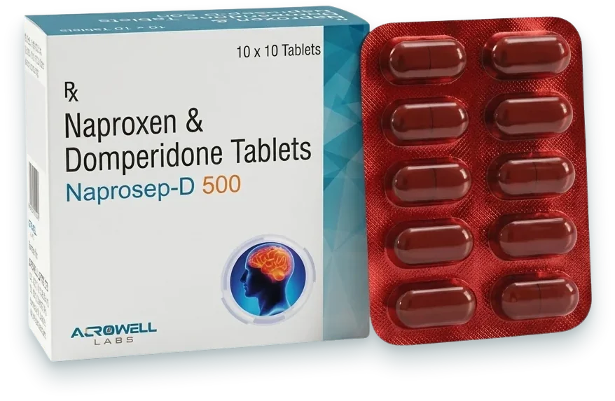 Naprosep-D 500 (Naproxen Sodium 500mg + Domperidone 10mg Tablets) tablets pack by Acrowell Labs