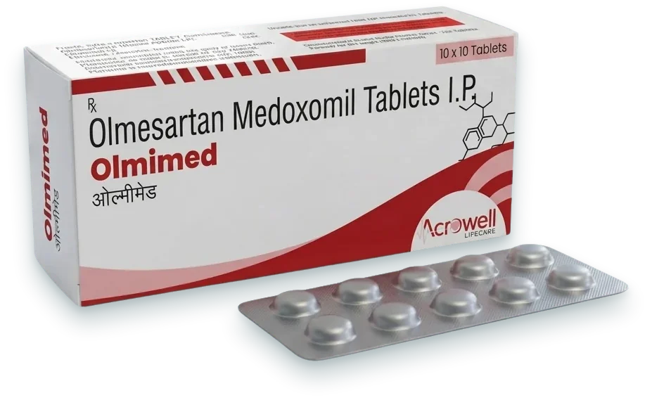 Olmimed (Olmesartan Medoxomil 20mg Tablet) tablets pack by Acrowell Lifecare