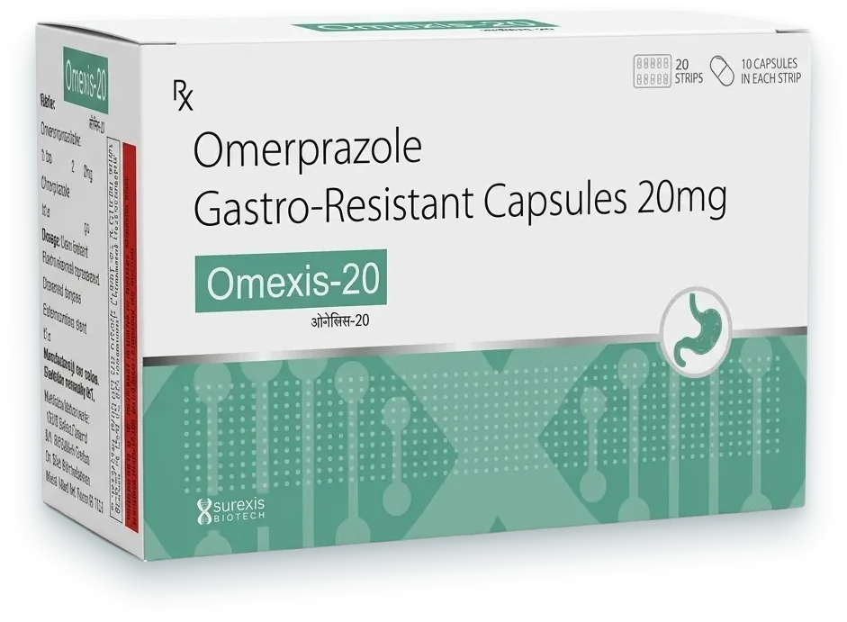 Omexis-20 (Omeprazole 20mg Capsule) capsules pack by Aurexis Biotech