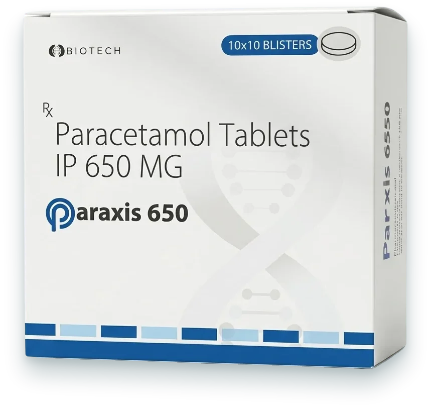 Paraxis-650 (Paracetamol 650mg Tablet) tablets pack by Aurexis Biotech