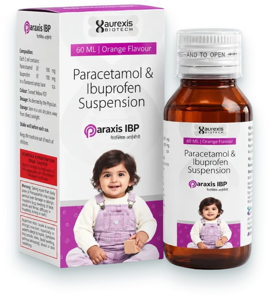 Paraxis-IBP (Ibuprofen + Paracetamol Suspension) syrups & suspensions pack by Aurexis Biotech