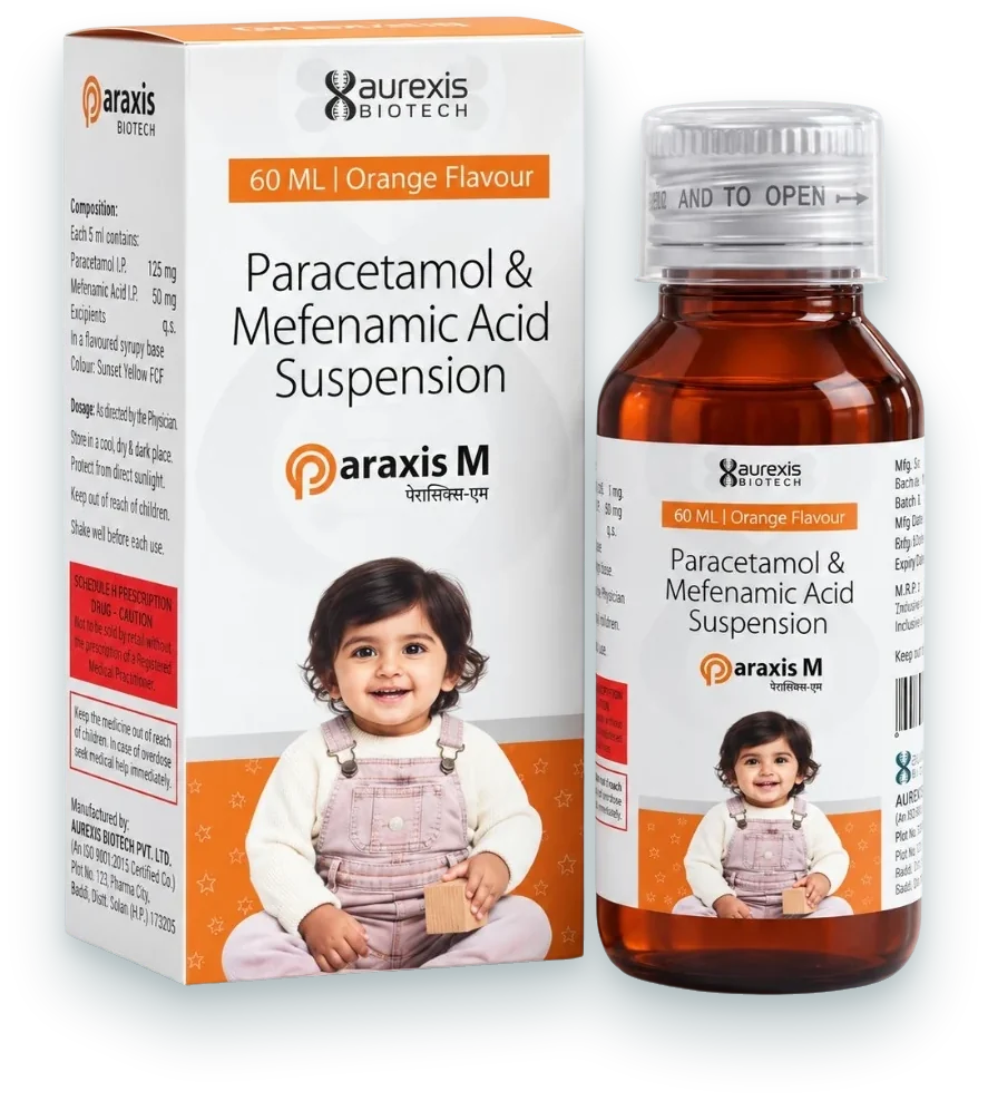 Paraxis-M (Mefenamic Acid 50mg + Paracetamol 125mg Suspension) syrups & suspensions pack by Aurexis Biotech